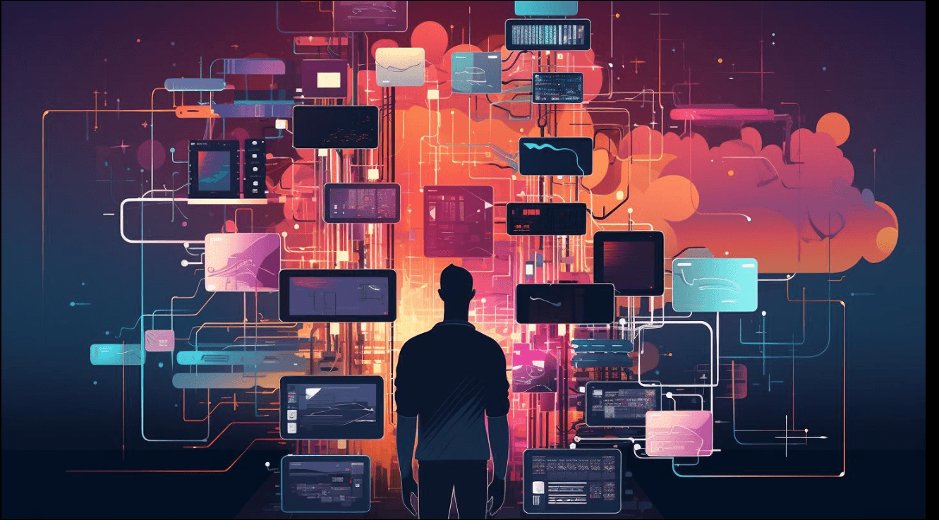 Silhouette facing a wall of connected app and dashboard interfaces, representing full-stack development