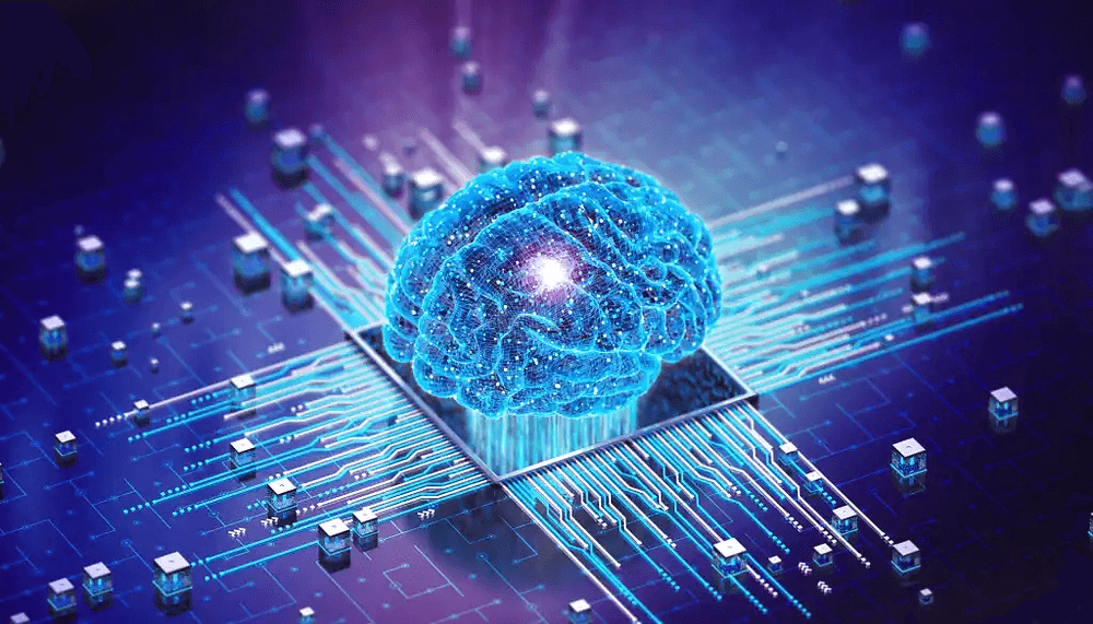 Glowing digital brain wired into a circuit board, representing generative AI