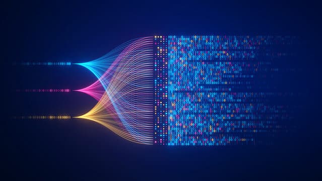 Data streams converging and resolving into structured code, representing machine learning